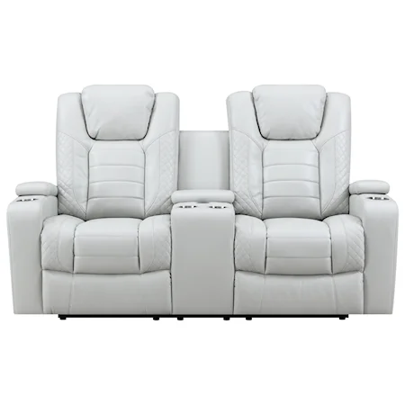 Contemporary Power Reclining Console Loveseat with Power Tilt Headrests, 4 Cupholders, and Storage Arms